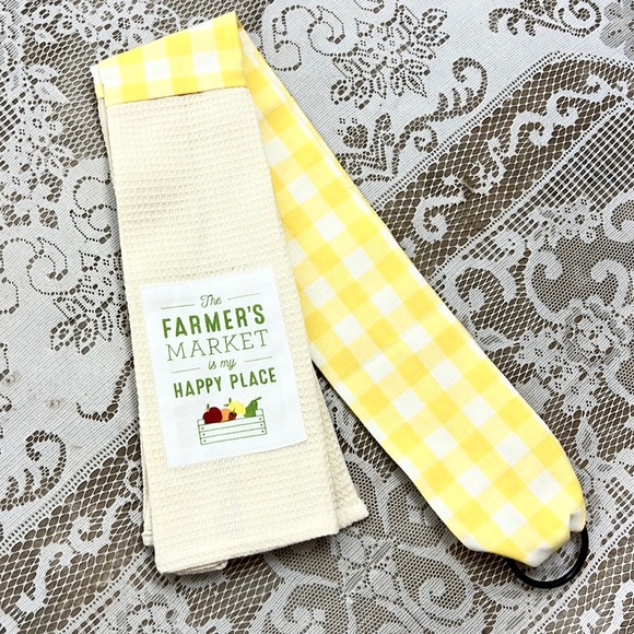 DEMDACO |🍎🍋Farmer’s Market is My Happy Place Yellow Plaid Long Kitchen Towel - Picture 2 of 8